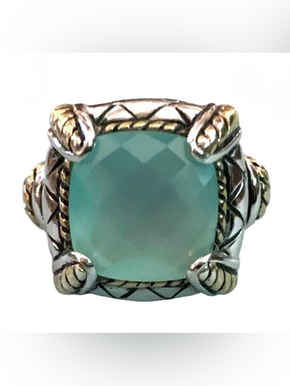 STERLING SILVER 925 W/GOLD TONE ACCENTS CHALCEDONY CUSHION CUT RING (6.75)